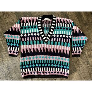 Vintage 80s 90s Geometric Womens Sweater Acrylic USA‎ Chunky V-Neck Large